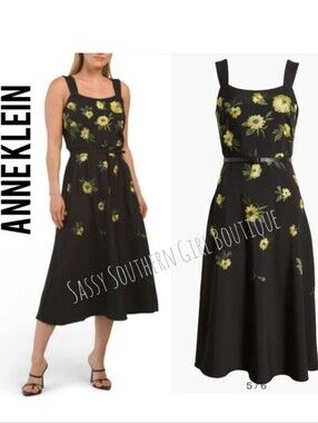 🆕⭐Anne Klein Black Yellow Embroidered Midi Dress